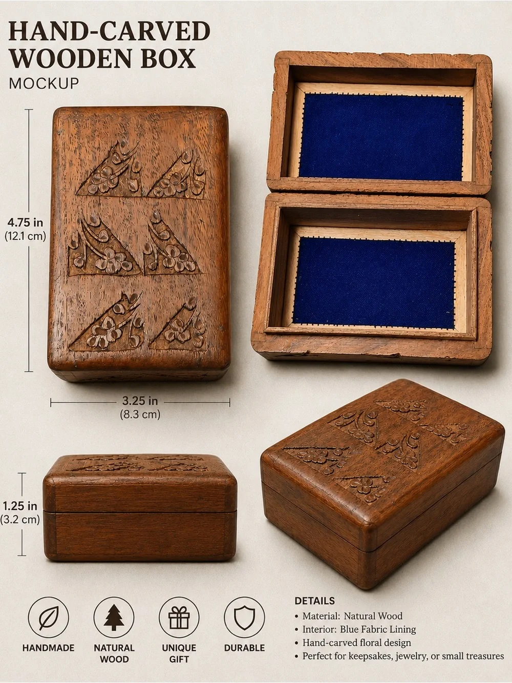 Vintage Hand Carved Wooden‎ Trinket Box Floral Keepsake Jewelry Box